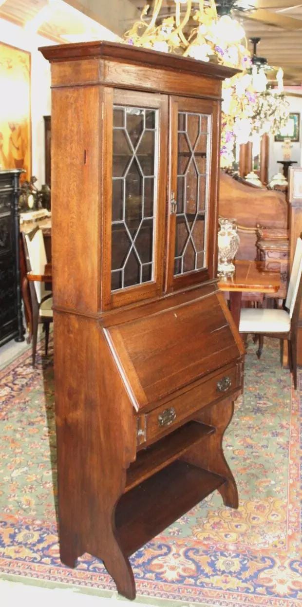English Oak Arts & Crafts Secretary Desk | Leaded Glass Cabinet Writing Desk