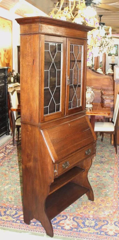 English Oak Arts & Crafts Secretary Desk | Leaded Glass Cabinet Writing Desk