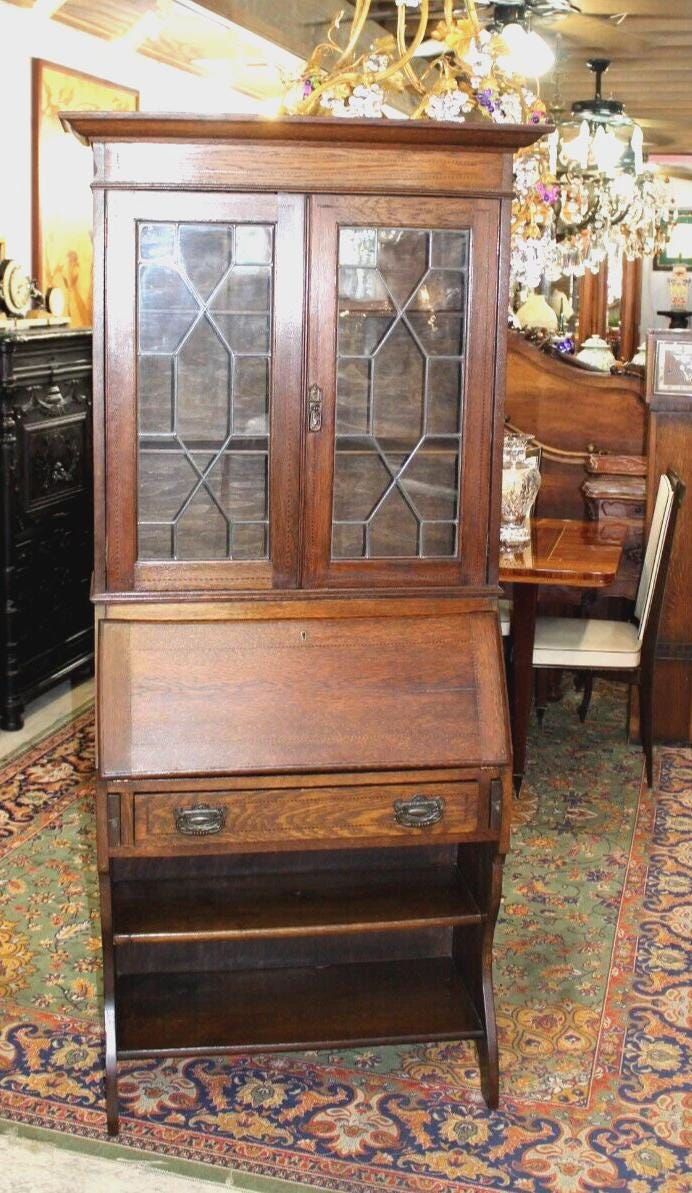 English Oak Arts & Crafts Secretary Desk | Leaded Glass Cabinet Writing Desk