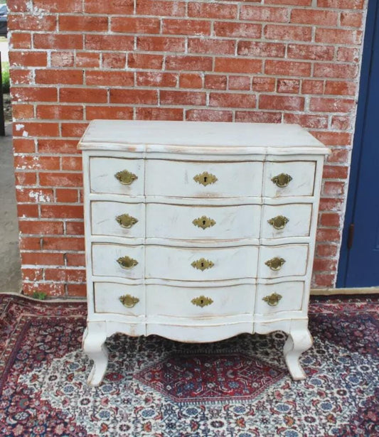 Scandinavian Painted Antique White Chest | Vintage Small Curved Drawer Dresser