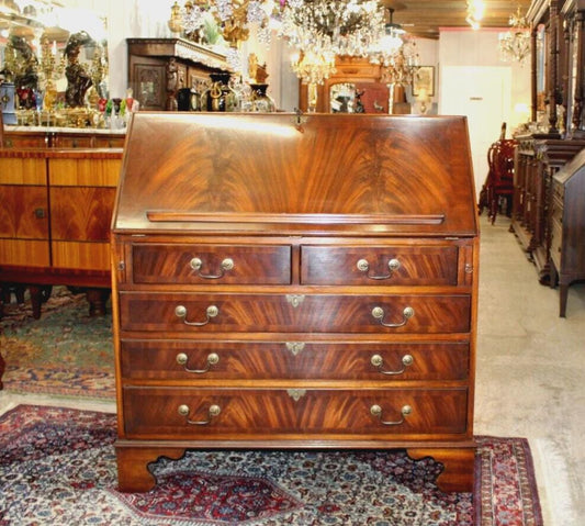 English Flamed Mahogany Bevan Funnel Front Drop Desk | Antique Secretary