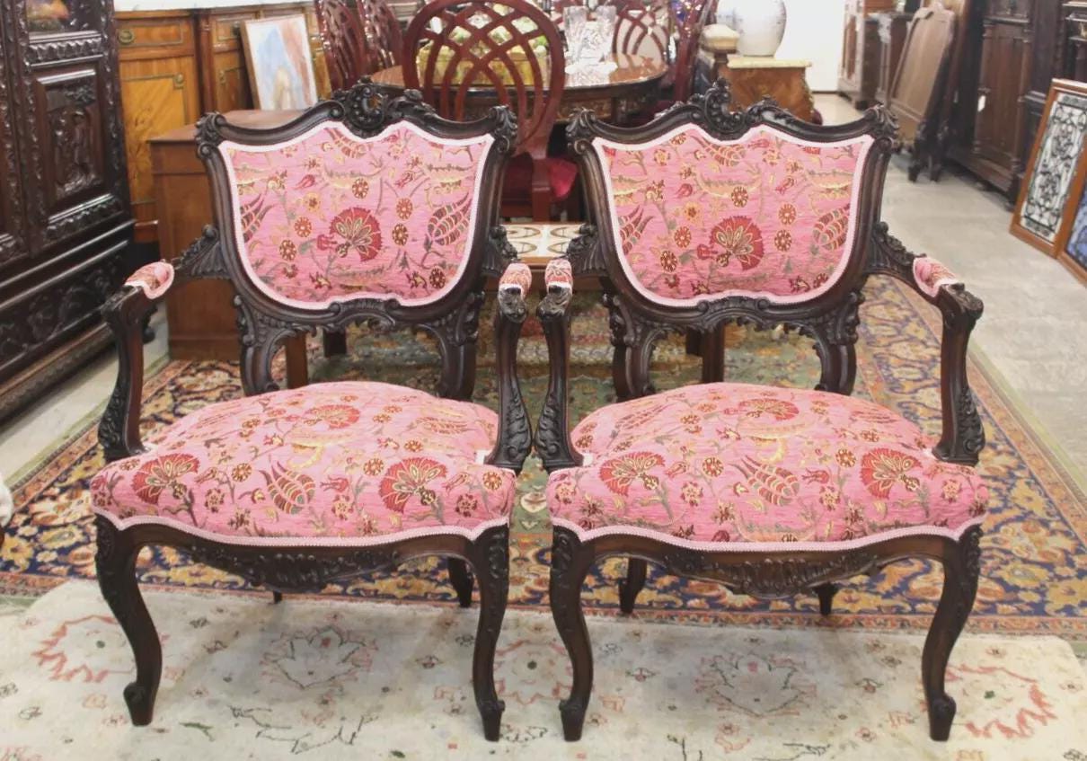 Pair Louis XV Carved Walnut Arm Chairs | Pink Upholstered French Antique Set