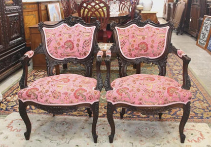 Pair Louis XV Carved Walnut Arm Chairs | Pink Upholstered French Antique Set