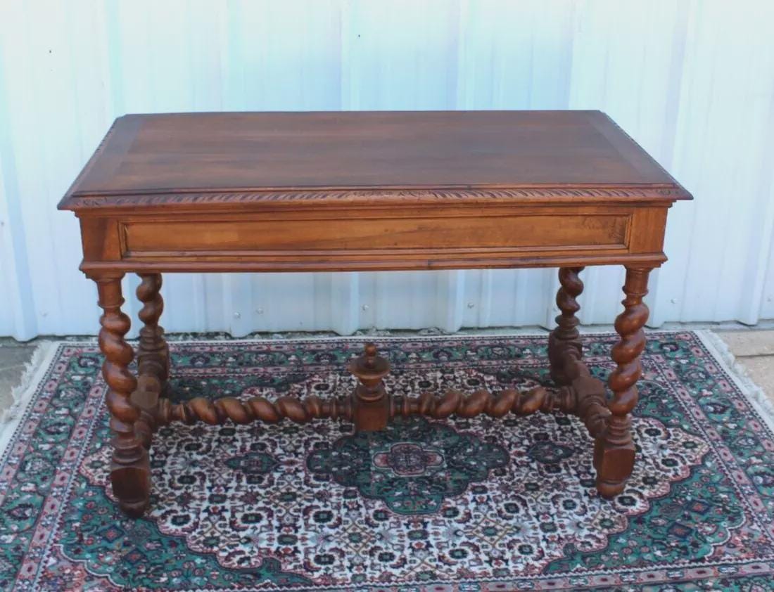 French Antique Oak Louis XIII Desk | Carved Writing Table with Barley Legs