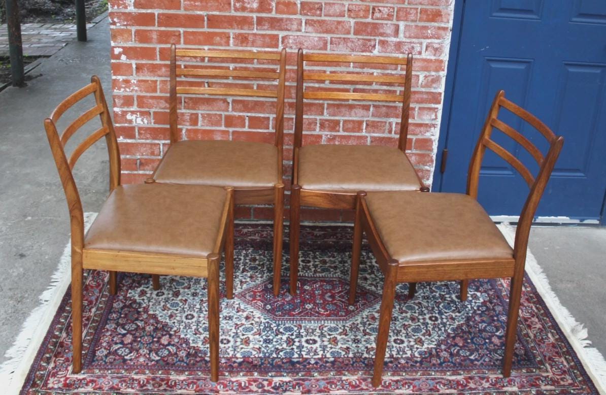 Set of 4 Mid Century Teak Dining Chairs | Brown Vinyl Upholstered Seats