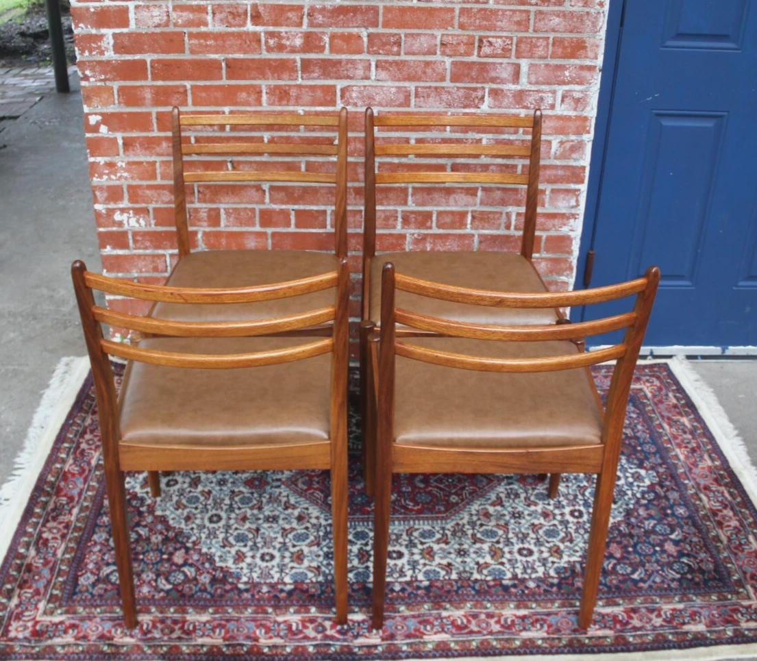 Set of 4 Mid Century Teak Dining Chairs | Brown Vinyl Upholstered Seats