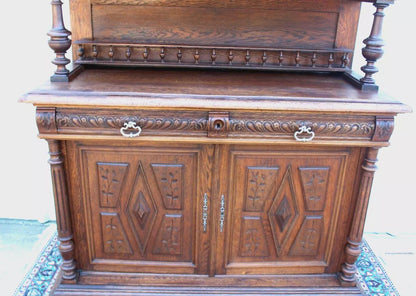French Antique Oak Renaissance Hutch | Buffet w/ Stained Glass Cabinet Doors