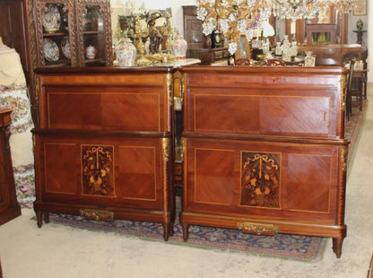 Pair French Louis XVI Inlaid Twin Beds | Antique Mahogany Brass Mounts