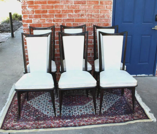 Set of 6 Mid Century Mahogany Dining Chairs | White Upholstered Seats