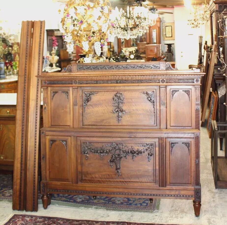 French Antique Walnut Louis XVI Queen Size Bed | Carved Panels & Floral Details