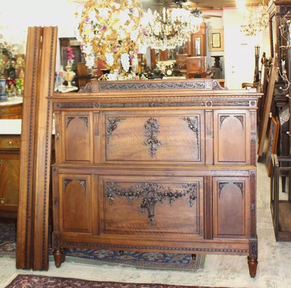 French Antique Walnut Louis XVI Queen Size Bed | Carved Panels & Floral Details