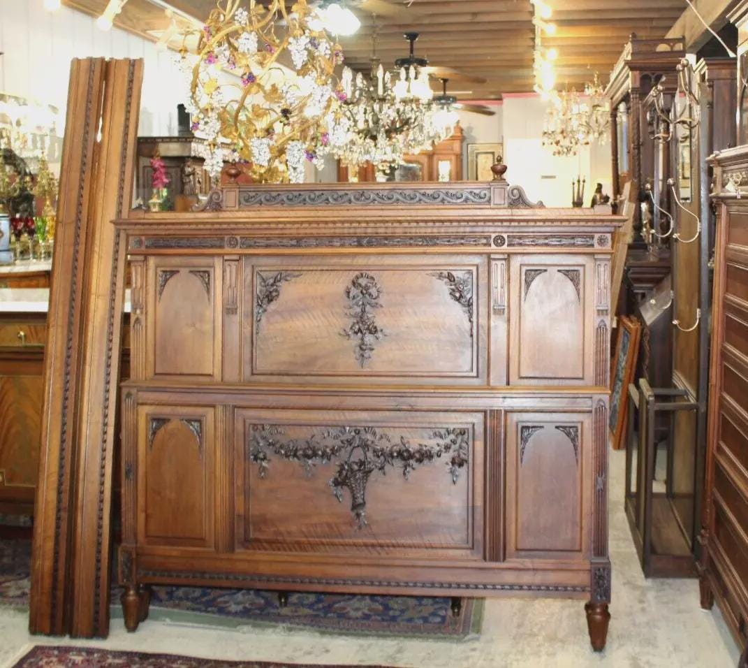 French Antique Walnut Louis XVI Queen Size Bed | Carved Panels & Floral Details