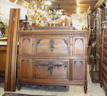 French Antique Walnut Louis XVI Queen Size Bed | Carved Panels & Floral Details