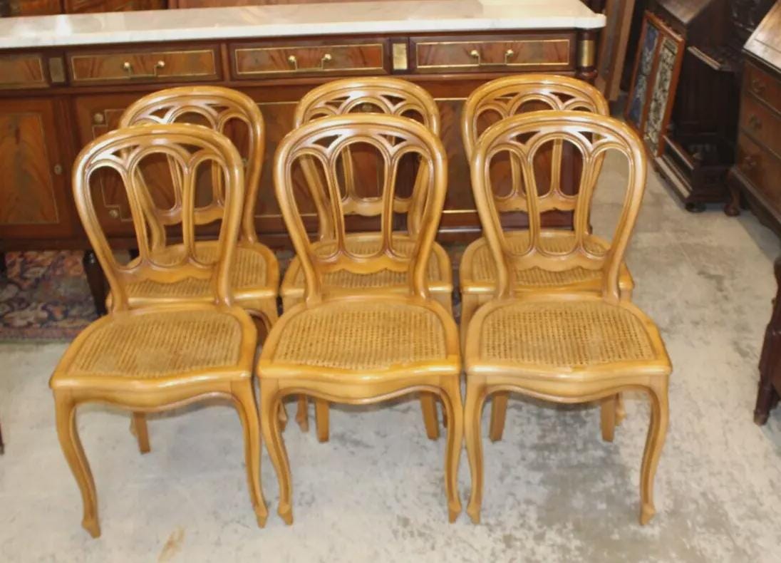 Set of 6 French Antique Louis XV Fruitwood Dining Chairs | Cane Seats | Curved Cabriole Legs