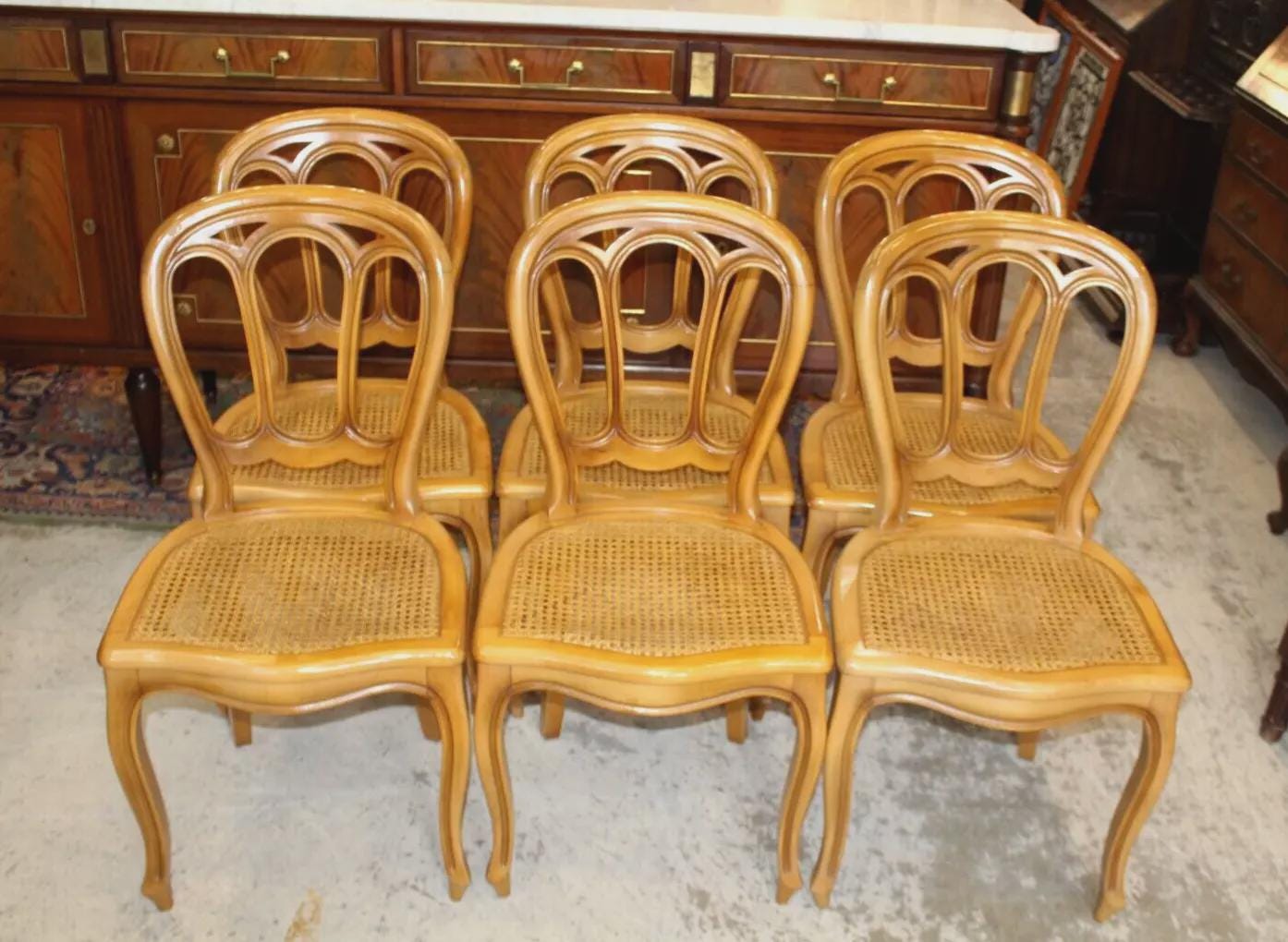 Set of 6 French Antique Louis XV Fruitwood Dining Chairs | Cane Seats | Curved Cabriole Legs