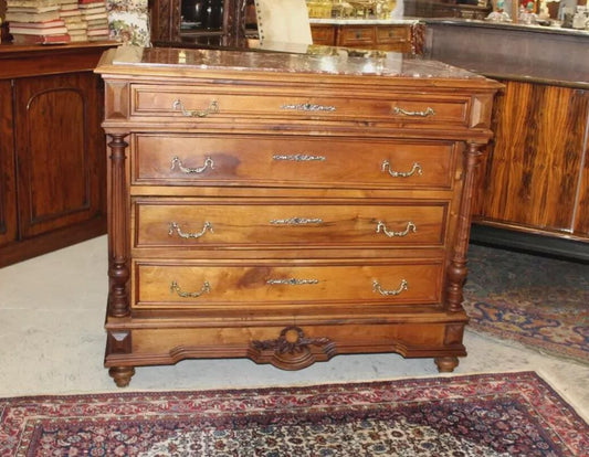 French Antique Henry II Walnut Chest | Marble Top Drawers Dresser c. 1880s