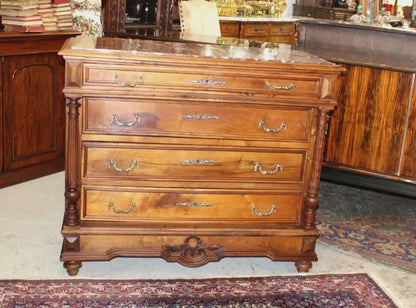 French Antique Henry II Walnut Chest | Marble Top Drawers Dresser c. 1880s