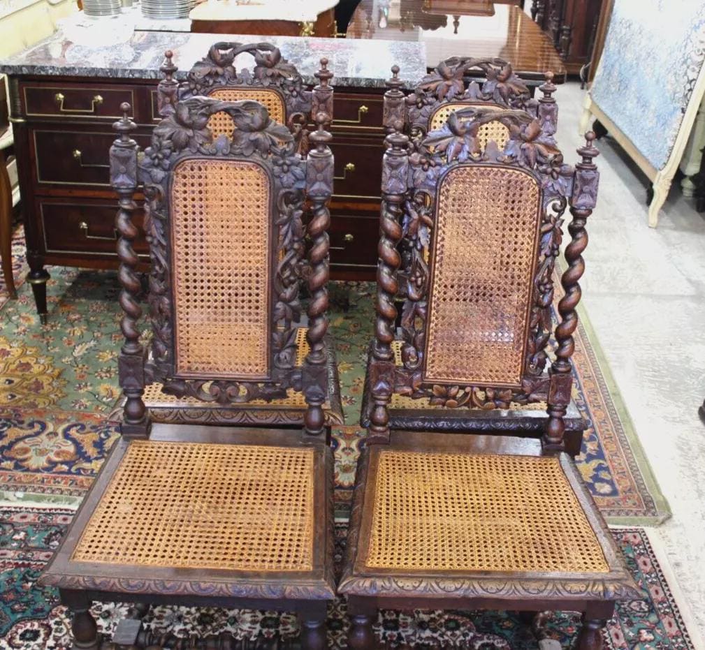 Set of 4 French Louis XIII Oak Dining Chairs | Cane Seat Carved Antique