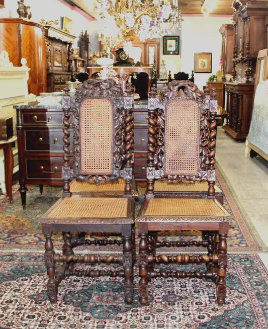 Set of 4 French Louis XIII Oak Dining Chairs | Cane Seat Carved Antique