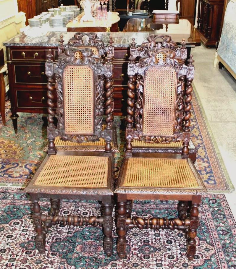 Set of 4 French Louis XIII Oak Dining Chairs | Cane Seat Carved Antique