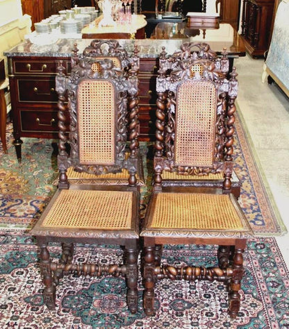 Set of 4 French Louis XIII Oak Dining Chairs | Cane Seat Carved Antique