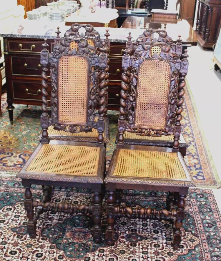 Set of 4 French Louis XIII Oak Dining Chairs | Cane Seat Carved Antique