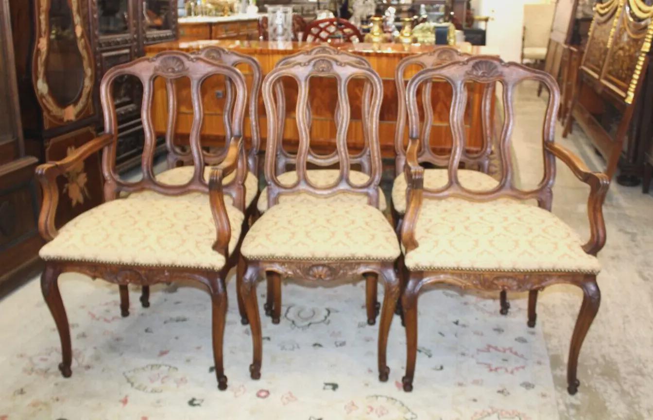 Set of 6 French Louis XV Dining Chairs | Oak Frames & Upholstered Seats
