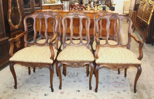 Set of 6 French Louis XV Dining Chairs | Oak Frames & Upholstered Seats