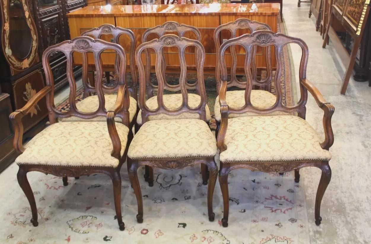 Set of 6 French Louis XV Dining Chairs | Oak Frames & Upholstered Seats