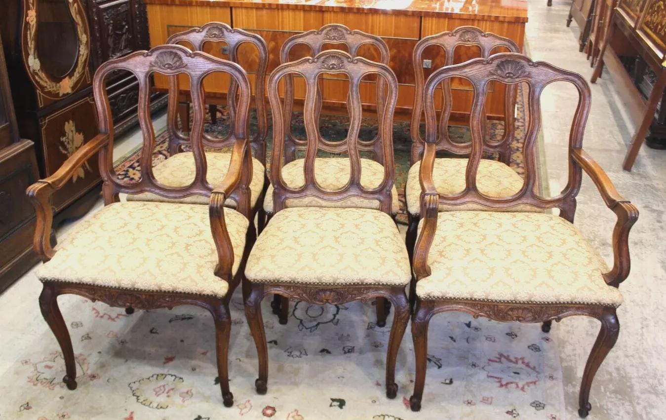Set of 6 French Louis XV Dining Chairs | Oak Frames & Upholstered Seats