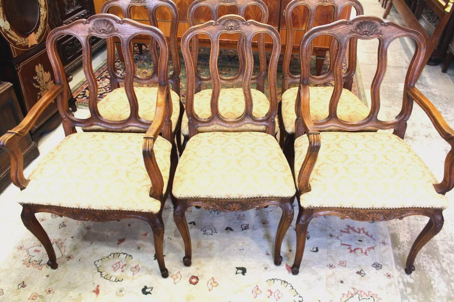 Set of 6 French Louis XV Dining Chairs | Oak Frames & Upholstered Seats