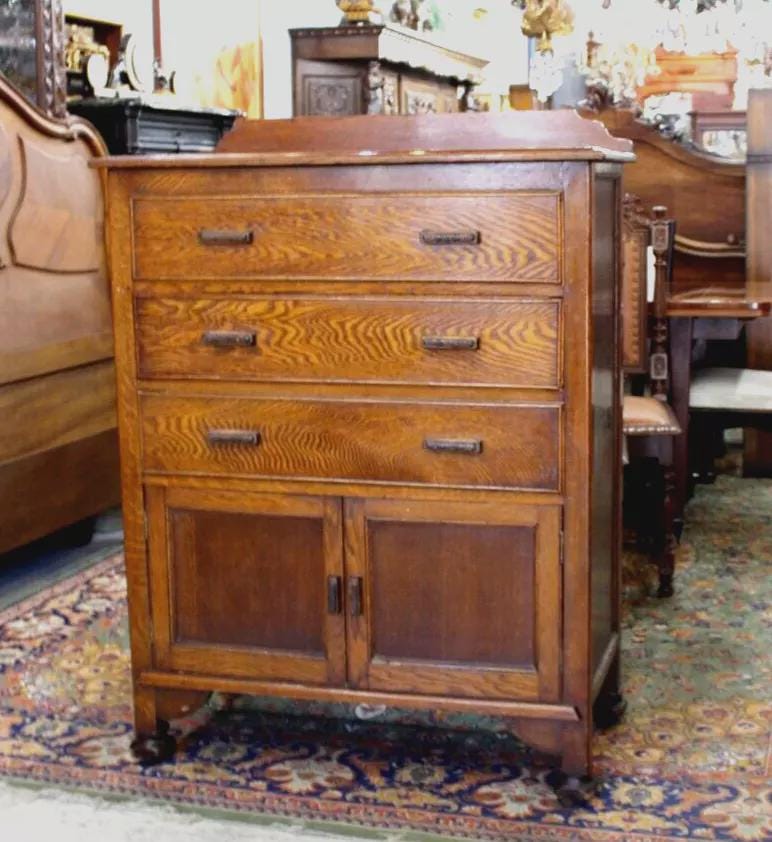 English Antique Tiger Oak Chest | 3 Drawer Dresser with Cabinet Storage