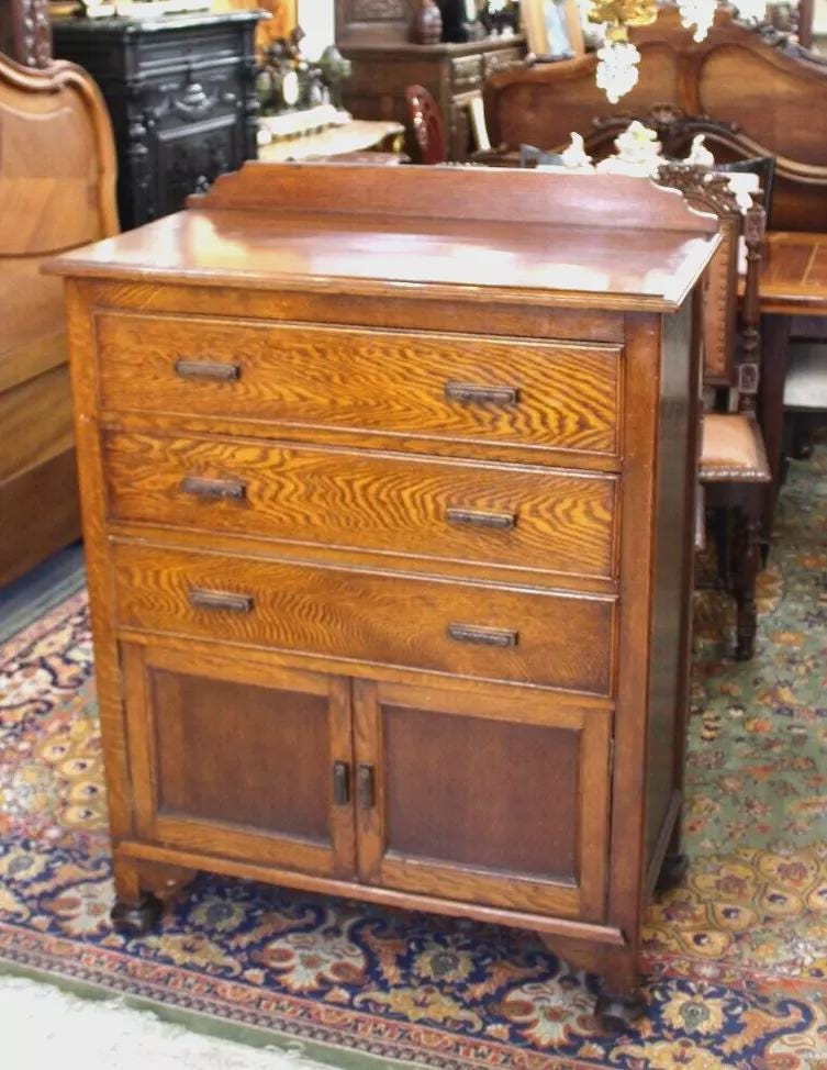 English Antique Tiger Oak Chest | 3 Drawer Dresser with Cabinet Storage