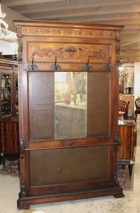 Large French Renaissance Hall Tree | Antique Walnut Coat Rack with Mirror