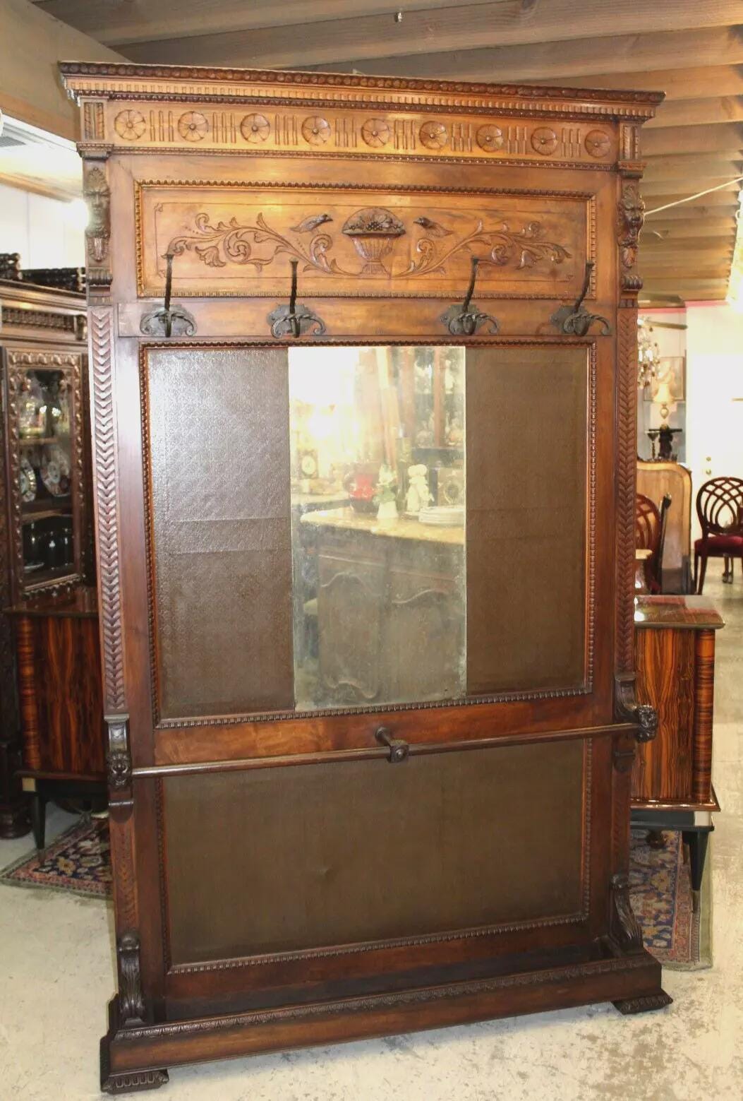 Large French Renaissance Hall Tree | Antique Walnut Coat Rack with Mirror