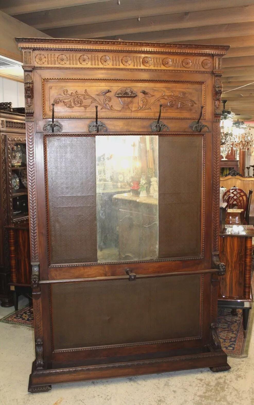 Large French Renaissance Hall Tree | Antique Walnut Coat Rack with Mirror
