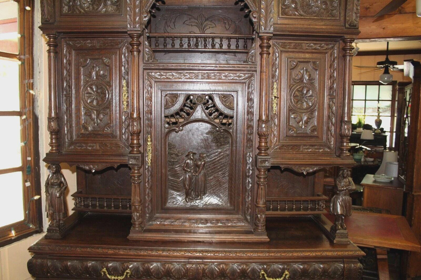 Exquisite French Antique Dark Oak Brittany Buffet Sideboard Bookcase