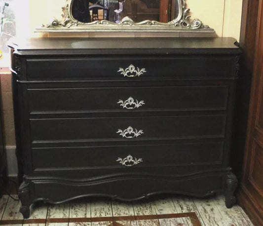 French Antique Louis XV Chest of Drawers | Painted Black w/ Ornate Hardware