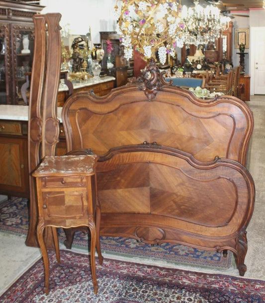 French Antique Carved Walnut Louis XV Full Size Bed & Nightstand Set - Ornate Rococo