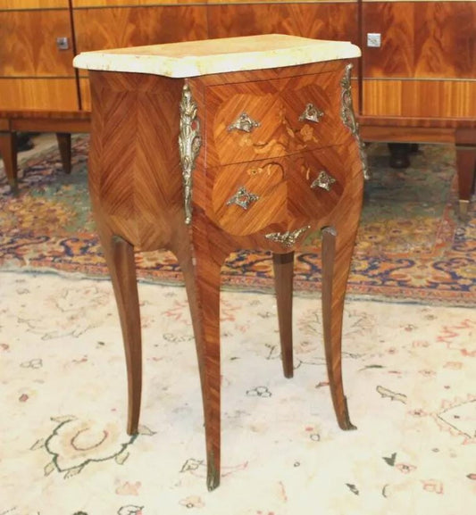 French Antique Inlaid Rosewood Nightstand w/ Marble Top & Bronze Mounts
