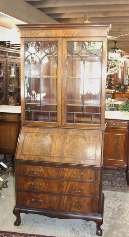 English Antique Chippendale Ball & Claw Mahogany Secretary Desk w/ Glass Doors