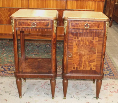 Pair French Antique Louis XVI Nightstands | Marble Top Burled Walnut Inlaid