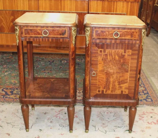 Pair French Antique Louis XVI Nightstands | Marble Top Burled Walnut Inlaid