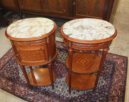 Pair French Antique Louis XVI Nightstands | Marble Top Inlaid Rosewood Tables