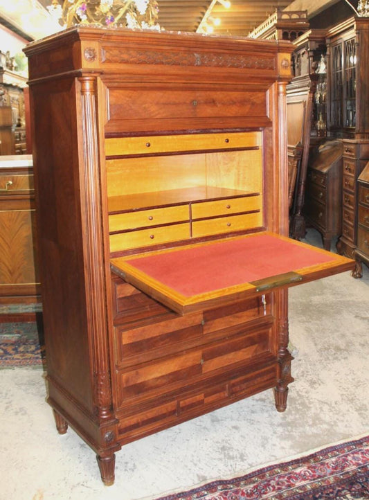 French Antique Louis XVI Walnut Secretary Desk | Marble Top Writing Cabinet