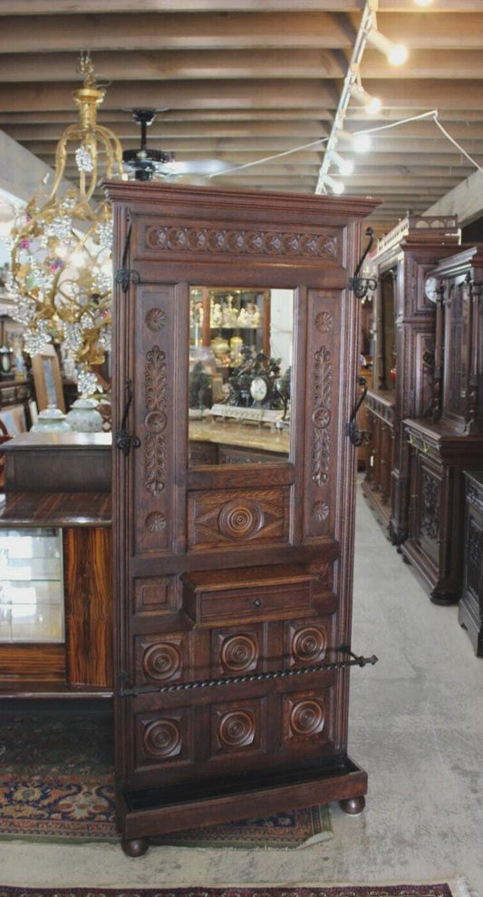 French Antique Carved Oak Brittany Hall Tree Stand / Coat Rack Mirror Umbrella Stand 19th C