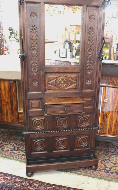 French Antique Oak Renaissance Hall Tree | Carved Coat Rack Stand w/ Mirror
