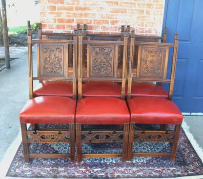 Set 6 French Antique Oak Renaissance Dining Chairs | Red Vinyl Upholstered Seats