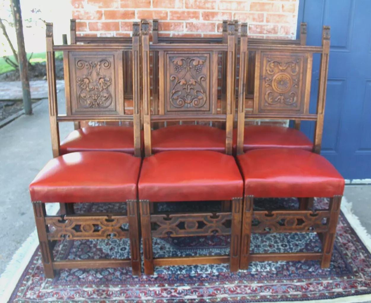 Set 6 French Antique Oak Renaissance Dining Chairs | Red Vinyl Upholstered Seats