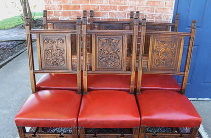 Set 6 French Antique Oak Renaissance Dining Chairs | Red Vinyl Upholstered Seats